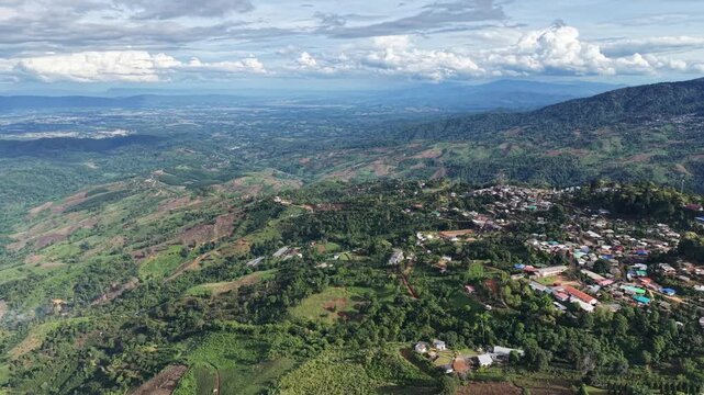 Aerial view from drone of the rural village in the mountains