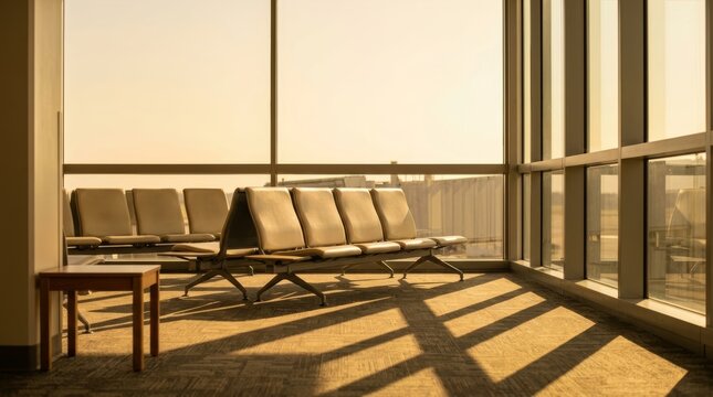 Empty rows of airport terminal seating with long golden hour shadows falling across the carpet floor - travel and quiet airport concept