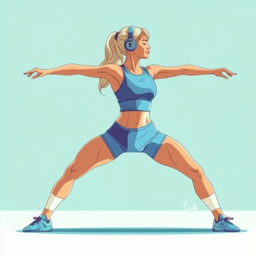 athletic woman in blue workout outfit with headphones in a wide-legged exercise pose, confident and energized