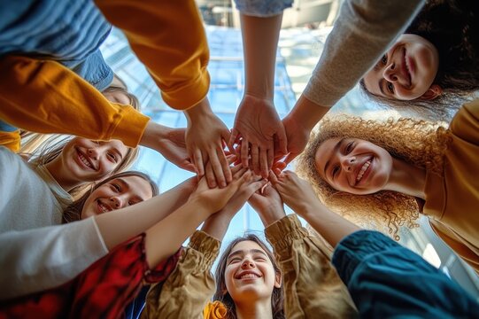 Joyful group of young people in a circle stacking hands in the center, smiling and celebrating teamwork under a bright glass ceiling from a low angle