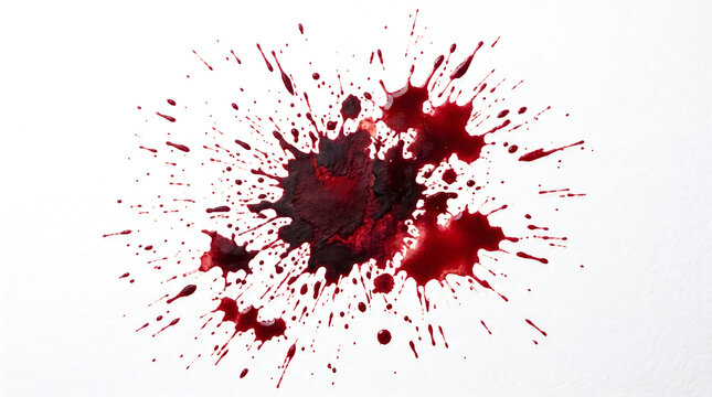 Crimson blood splatter isolated on clean white background created with liquid paint showing organic motion with sharp droplets and dark red textured spots for artistic design