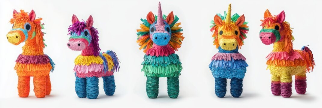Five colorful paper mache party pi&ntilde;atas shaped like donkeys and unicorns with fringe and tassels, lined up on a white background, playful and cheerful