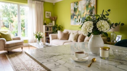 Fototapeta premium Cozy Living Room with Marble Table and Green Walls for Home Decor