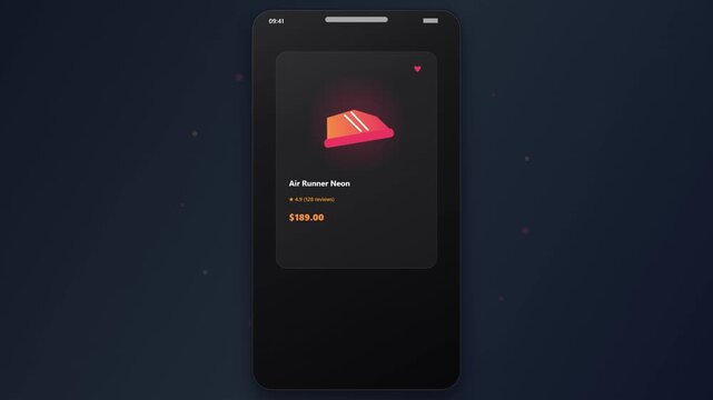 Modern mobile ecommerce application interface animation with shopping cart checkout process on dark UI
