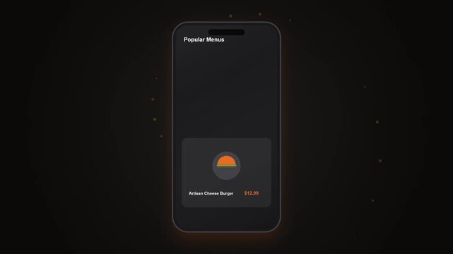 Mobile food delivery application interface animation showing order process and tracking
