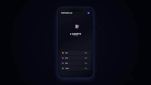 Artificial intelligence fintech mobile application interface showing automated cryptocurrency trading and asset portfolio rebalancing