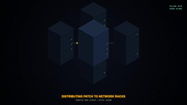 Isometric server node cluster animation showing network bandwidth optimization and firmware updates