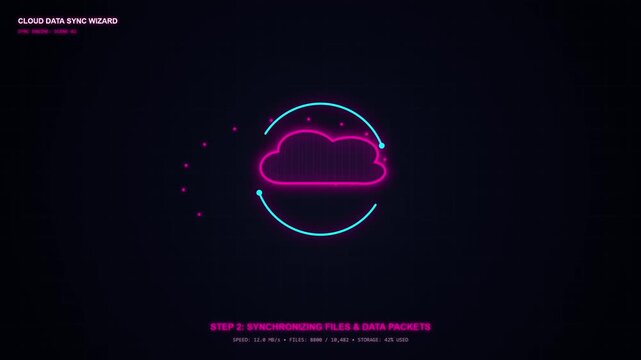Cloud data synchronization process animation with glowing network interface