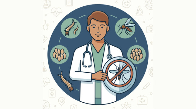 A dedicated medical professional in a lab coat stands amidst illustrations of mosquito life stages, highlighting crucial efforts in disease prevention and pest control.