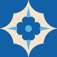 Classic Mediterranean ceramic tile pattern with blue flower motif and star element vector background © aristralala