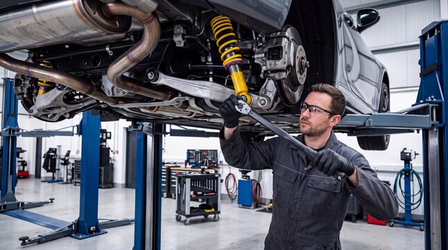 Auto Mechanic Adjusting Coilover Suspension on Lifted Vehicle Chassis