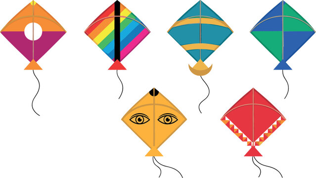 Colorful flying kite vector illustration set featuring traditional paper fighter kites with diverse geometric patterns rainbow stripes and tails isolated on white background🔑 Keyword