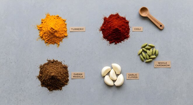 Labeled Spice Selection with Turmeric, Chili, Garam Masala, and Garlic Cloves on Grey Counter