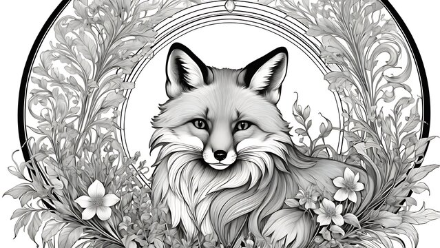 Elegant fox portrait coloring page for adults, ornate art nouveau circular frame with detailed fur blooming flowers vector line art
