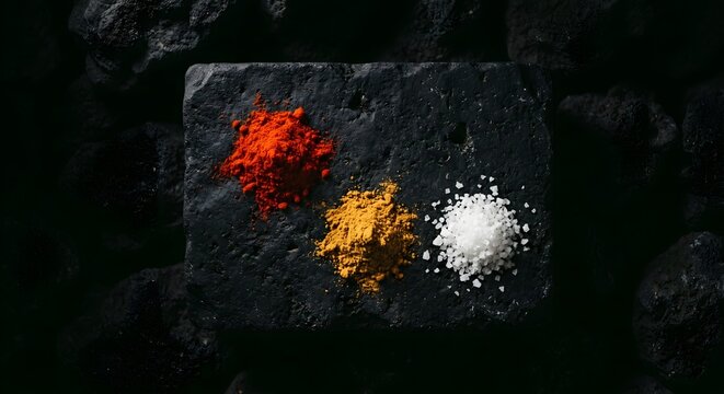 Three Neat Piles of Paprika, Turmeric, and Coarse Salt on a Dark Volcanic Rock Slab
