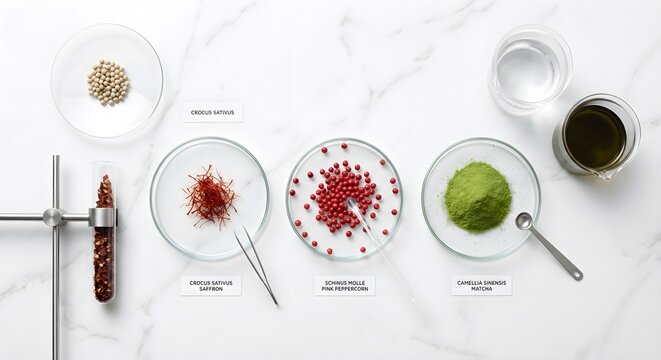 Professional Laboratory Equipment with Assorted Spices, Grains, and Petals, Top-Down Overhead View