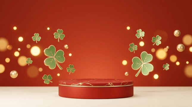 Red round podium with floating green clover leaves and golden bokeh lights on red background. St. Patrick day holiday product display. Festive showcase stage for greeting card.