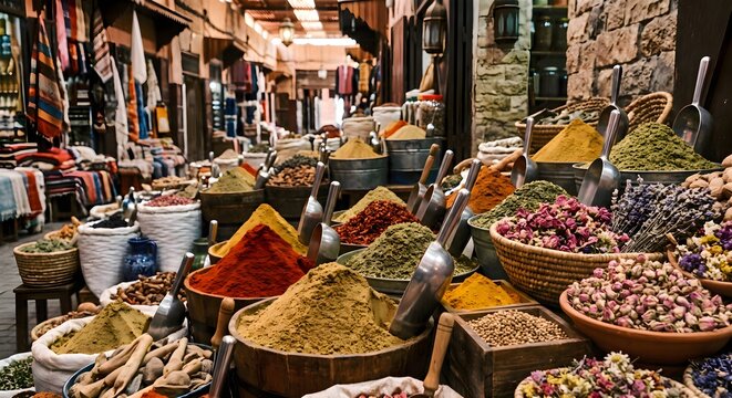 A Bustling Outdoor Market Stall Piled High with Diverse Colorful Spices in Woven Baskets