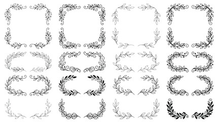 Fototapeta premium Vintage floral frame set, 16 hand drawn botanical laurel wreaths and borders, elegant black ink decorative vector elements for wedding invitations
