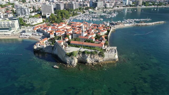 A drone view of the tourist town of Budva in Montenegro.
