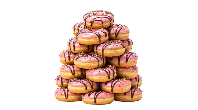 Stacked pink frosted donuts with chocolate drizzle and colorful sprinkles for bakery dessert promotion transparent PNG isolated cutout for advertis...