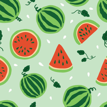 Seamless pattern Water melon with leaves vector