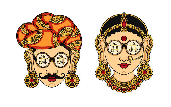 Traditional Indian Bride and Groom Portrait with Ornate Jewelry and Turban Vector Art..