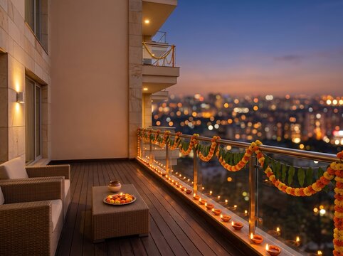 Hotel balcony decorated with diyas and marigold garlands overlooking city lights at dusk for diwali balcony background and festival banner