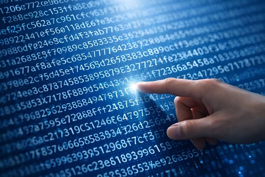 Binary data processing for big data analysis in database. Abstract image of digital data technology. Hand touching many file icons and numbers.