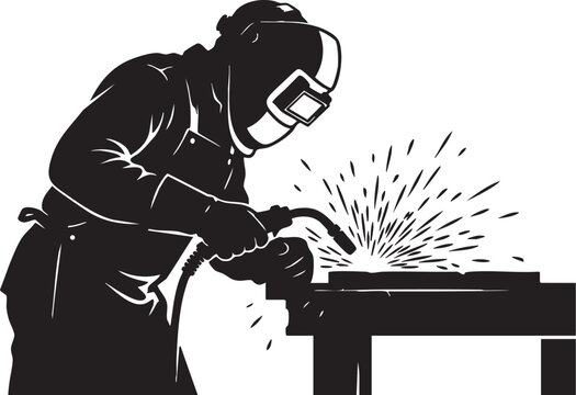 Adobe Illustrator Artwork of Silhouette of a worker wearing a welding mask with sparks flying from a torch, manufacturing vector.