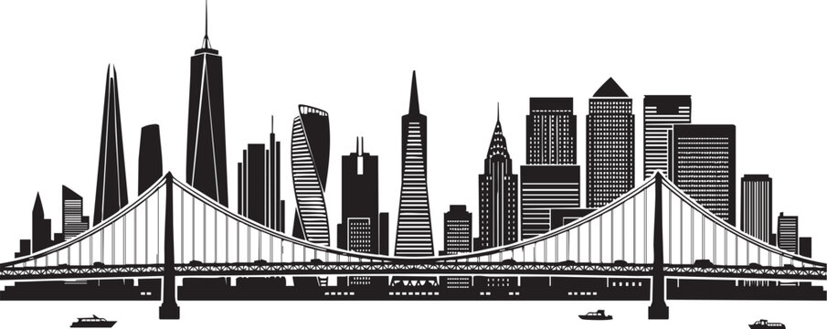Adobe Illustrator Artwork of Modern city skyline silhouette featuring iconic skyscrapers and suspension bridge, black on solid white background, ultra-sharp vector outline.