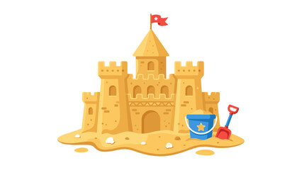 Fototapeta premium Detailed Sandcastle Illustration with Bucket and Spade on Sandy Beach