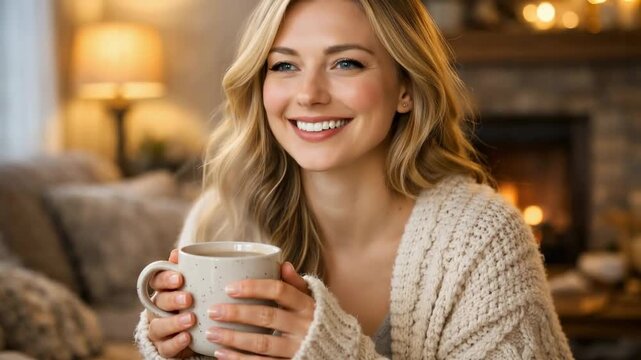 Smiling blonde woman holding a mug in a chunky sweater by a glowing fireplace. cozy indoor portrait with warm beverage and relaxed lifestyle.