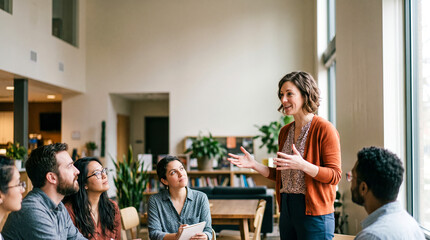 Obraz premium Confident female speaker presenting ideas to her attentive team in a bright modern office.