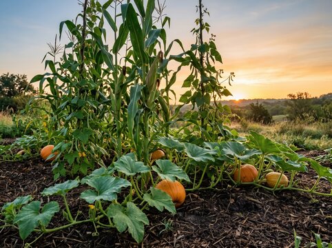 Pumpkin patch with corn stalks and climbing beans at sunrise for indigenous agriculture poster and seasonal farm background