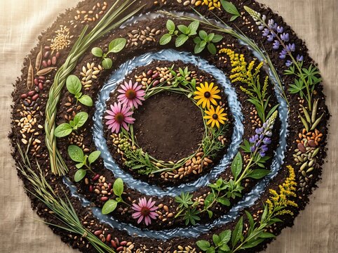 Natural spiral mandala of seeds flowers and herbs for indigenous peoples day ceremonial background and sustainable nature poster design
