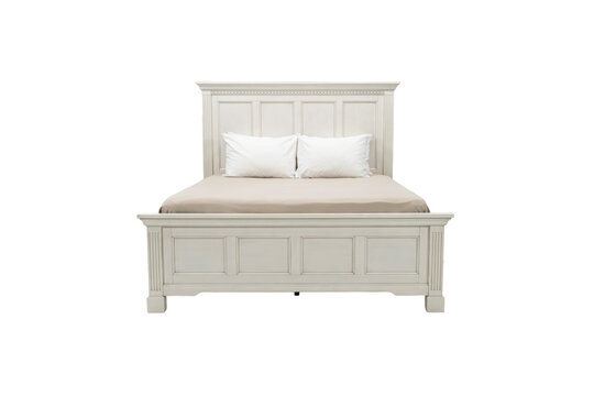Off-white wooden bed frame with paneled headboard and footboard featuring two white pillows and beige bedding isolated on a transparent background