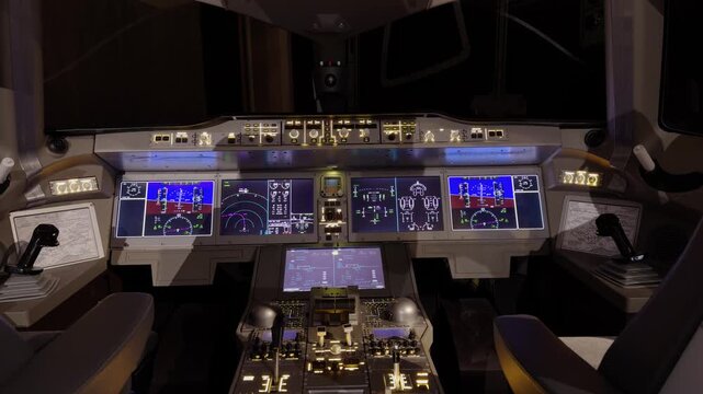 Commercial airplane cockpit control panel and displays