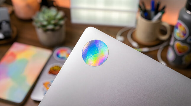 Shiny holographic circular sticker applied onto smooth silver metallic surface of professional laptop lid featuring vibrant colorful light refraction effects within cozy modern office workspace