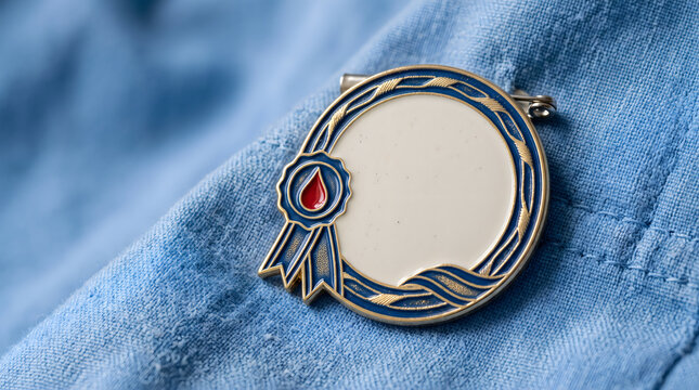 Round metallic lapel pin featuring a white circular center and a prominent small red blood drop emblem attached to blue fabric with intricate golden details