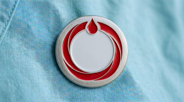 Metallic donor pin with a glossy red drop design pinned onto soft light blue fabric captured in a sharp macro photograph for medical awareness campaigns