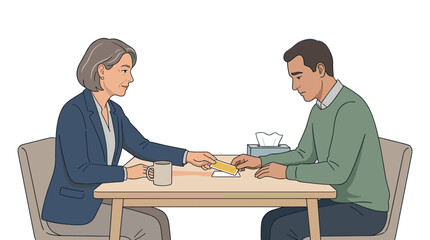 Obraz premium Professional therapist offering support and contact card to a depressed man in a clinical counseling office vector art