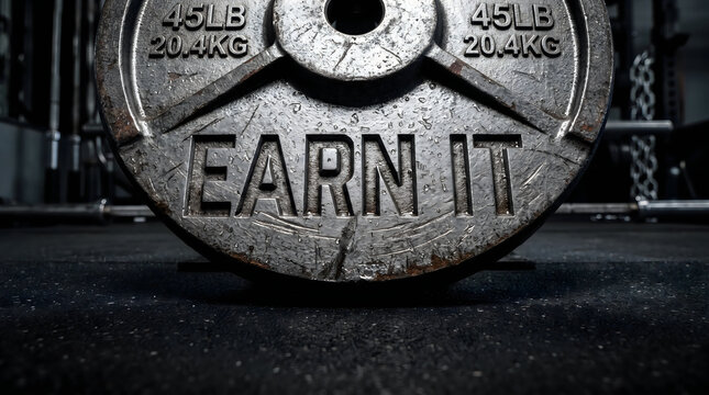 Heavy metal barbell weight plate featuring the motivational words earn it engraved deeply into the worn textured iron surface resting on a dark gym floor