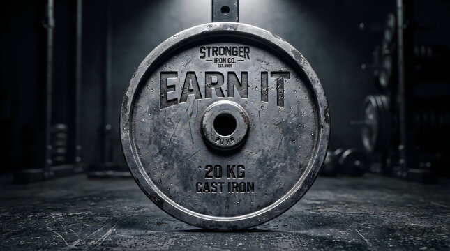 Heavy cast iron weight plate featuring deep engraved typography sits on the dark gymnasium floor under dramatic spotlights creating an intense and masculine fitness vibe