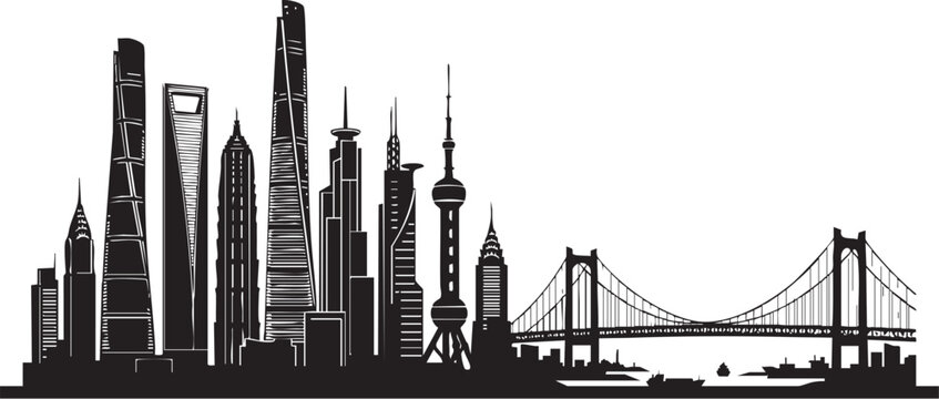 Adobe Illustrator Artwork of Modern city skyline silhouette featuring iconic skyscrapers and suspension bridge, black on solid white background, ultra-sharp vector outline.