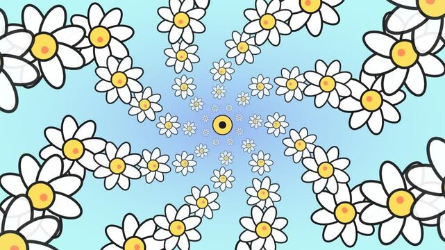 Hypnotic Spiral of Cartoon Daisies with Changing Pastel Background