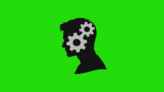 Brain process gears rotating in head silhouettes on green screen