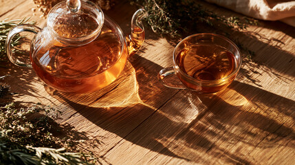 Glass teapot and cup of herbal tea glowing in warm sunlight on a rustic wooden table with fresh herbs, cozy natural wellness drink and relaxing autumn atmosphere