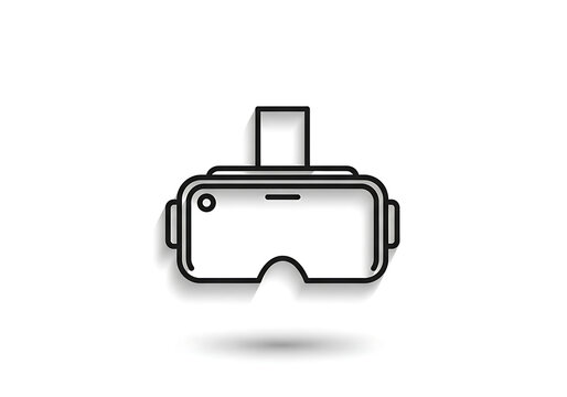 A black and white line art icon of a virtual reality headset on white background