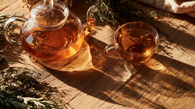 Glass teapot and cup of herbal tea glowing in warm sunlight on a rustic wooden table with fresh herbs, cozy natural wellness drink and relaxing autumn atmosphere